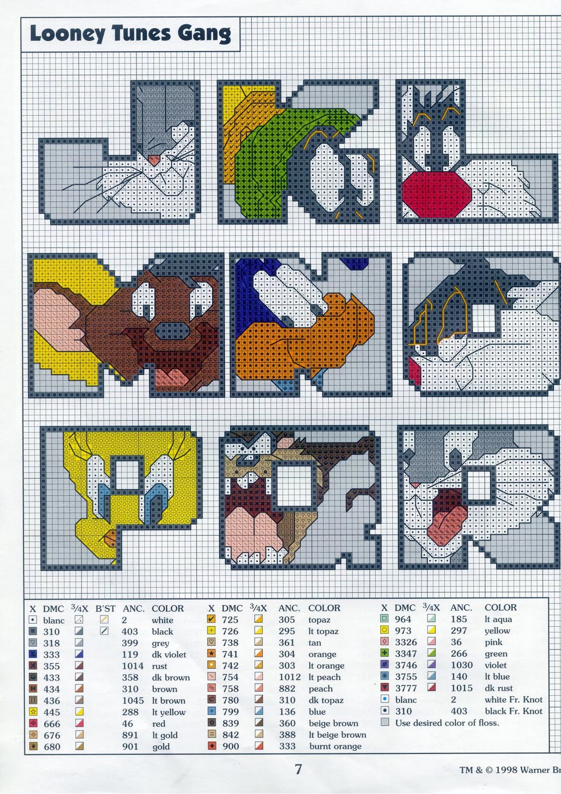 Alfabeto punto croce con personaggi Looney Tunes molto bello (2)