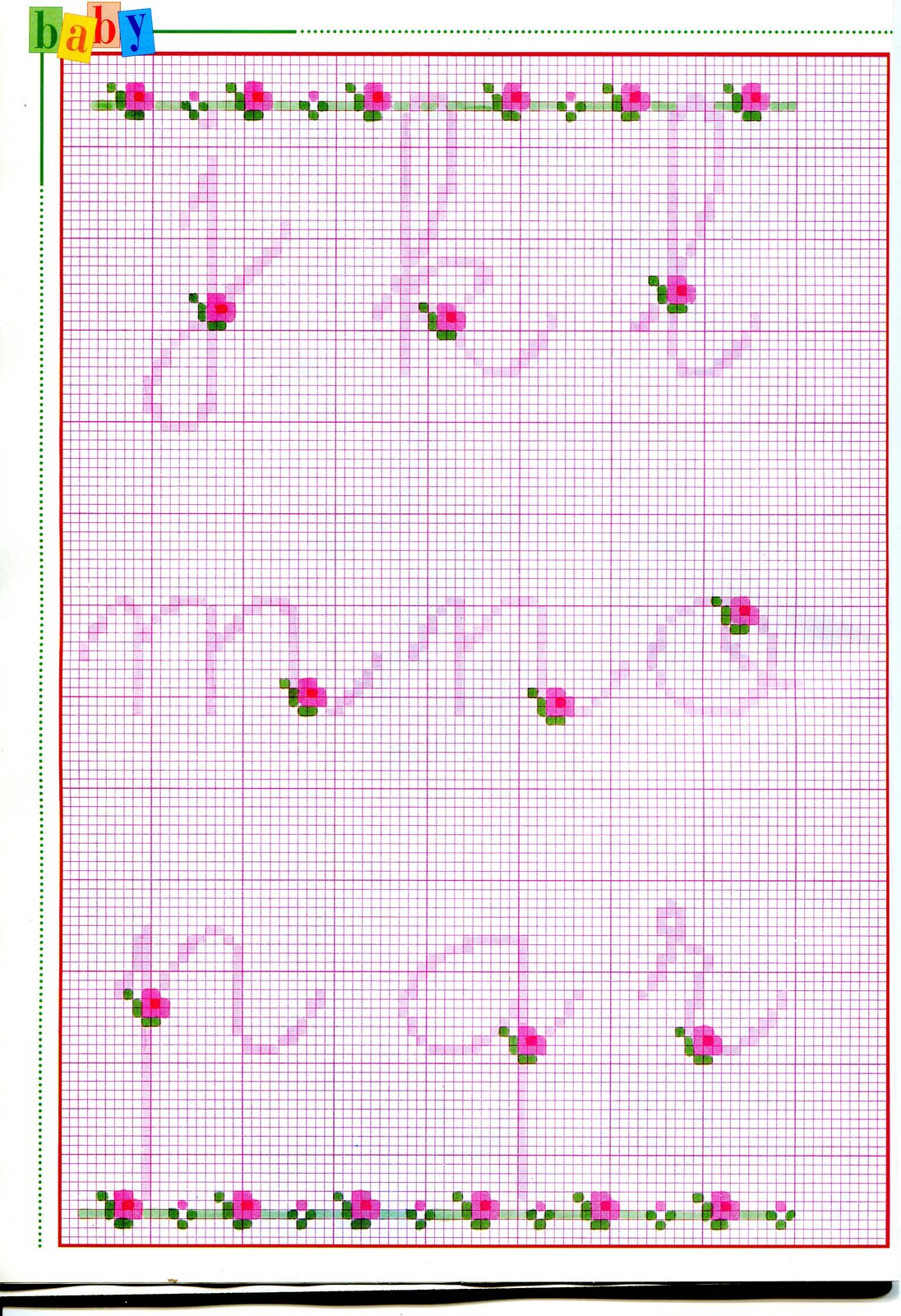 Alfabeto punto croce corsivo con piccole roselline (2)