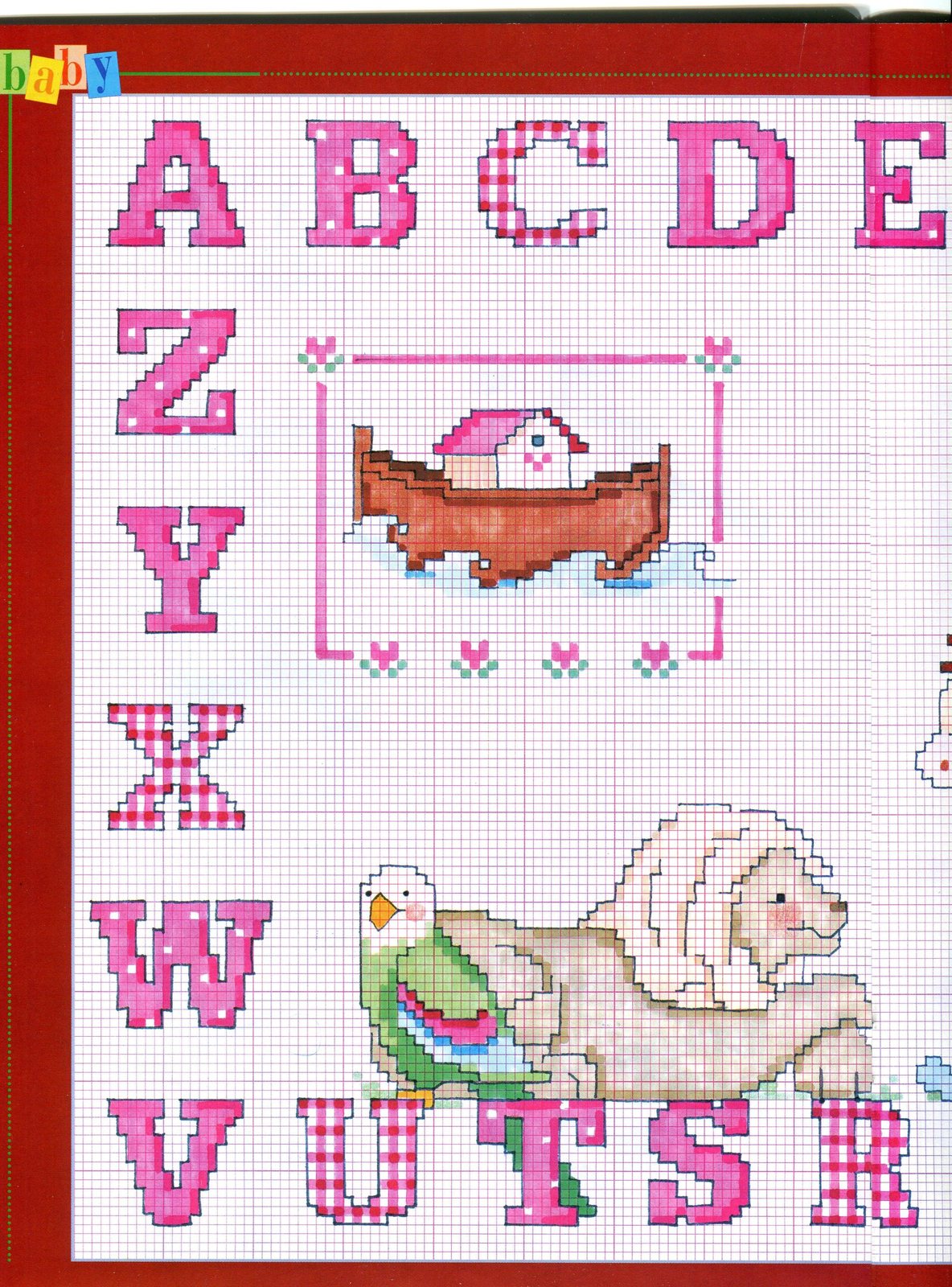 Alfabeto punto croce maiuscolo con animali lettere color rosa bianco (1)