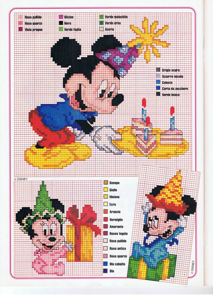 Baby Minnie e Baby Topolino che aprono i regali da ricamare