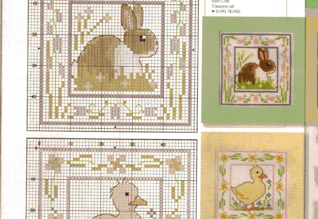 Cartoline di Pasqua punto croce con coniglio e paperella