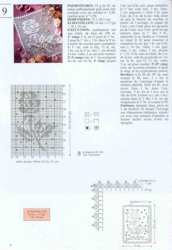 Centrino rettangolare con gambo di rosa schema filet uncinetto