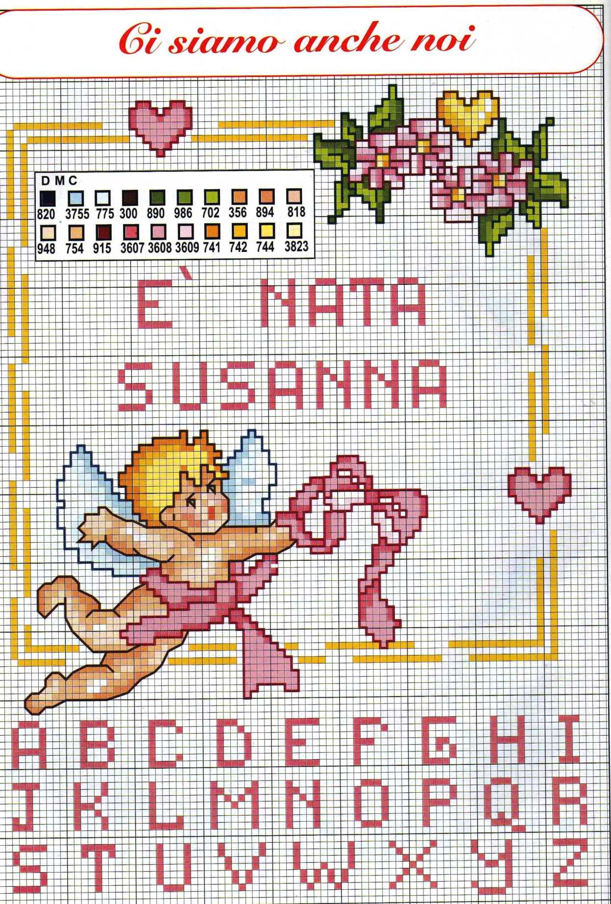 E’ nata Susanna schema punto croce con alfabeto rosa