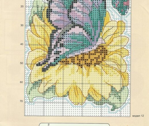Farfalla su girasole schema ricamo col punto scritto