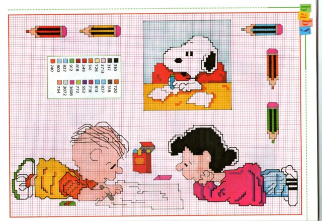 I personaggi Snoopy Charlie Brown che colorano con le matite colorate da ricamare