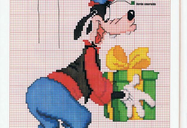 Pippo che apre un regalo di compleanno da ricamare