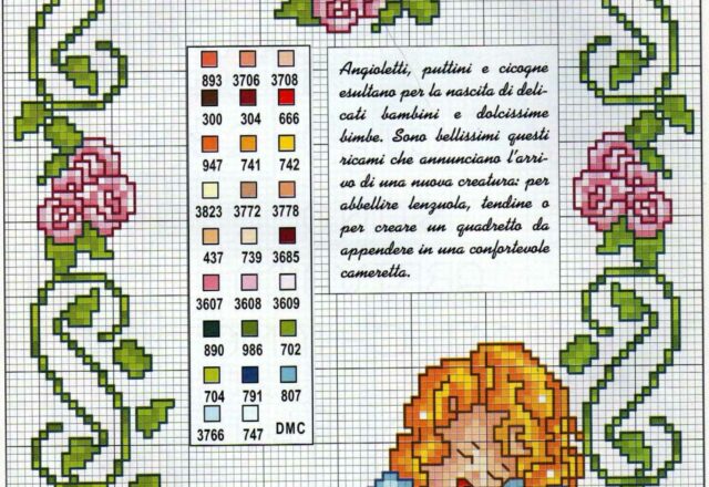 Quadretto nascita punto croce con bambina e orsacchiotto