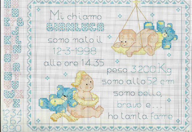 Schema quadretto nascita punto croce con orsacchiotti blu