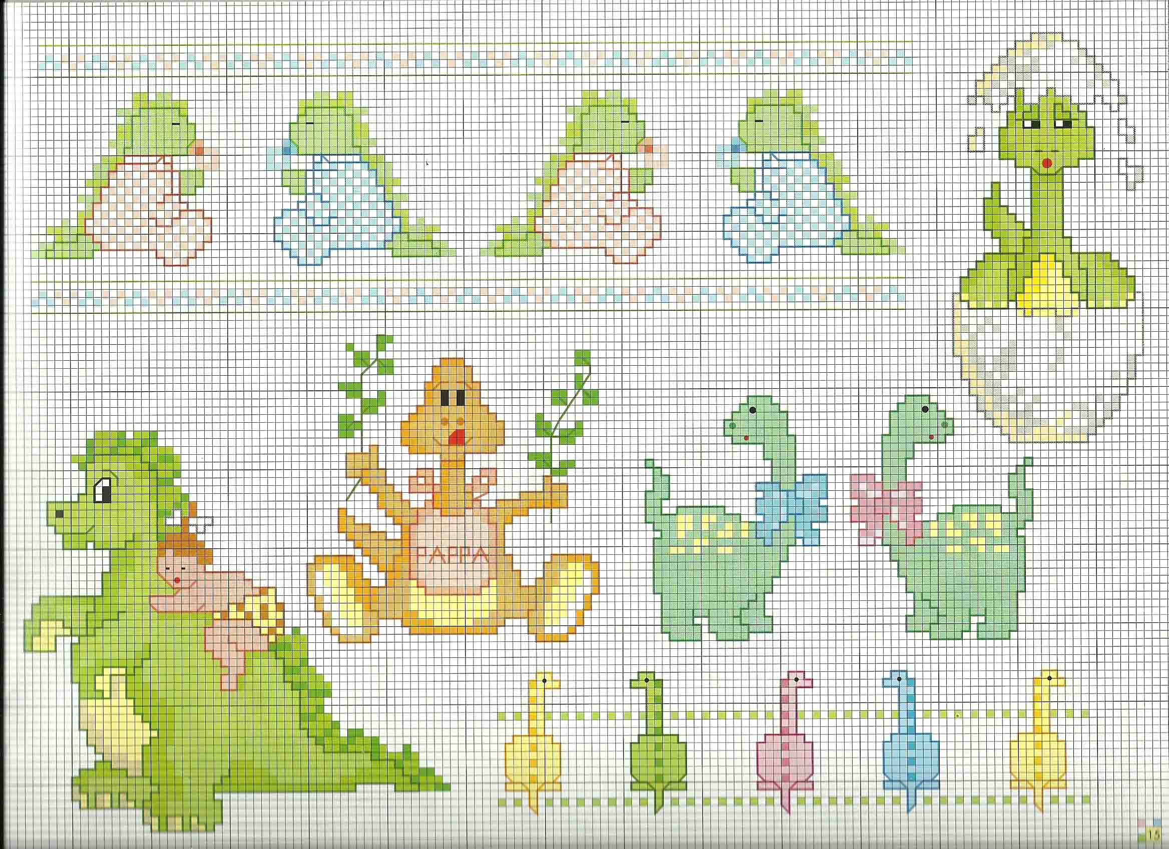 Schemi punto croce animali per bambini con piccoli dinosauri