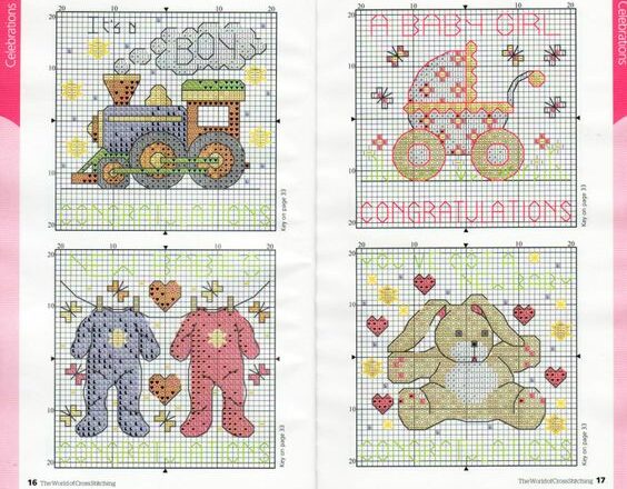 Trenino vestitini coniglio carrozzina schemi punto croce quadro nascita