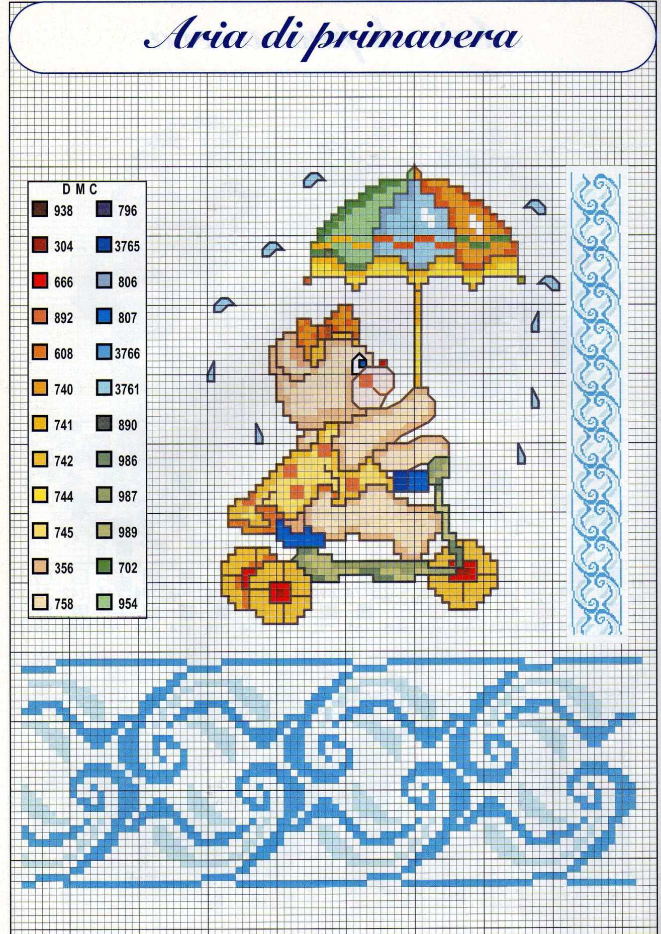 Un’ orsacchiotta con l’ ombrello schema da ricamare animali per bambini