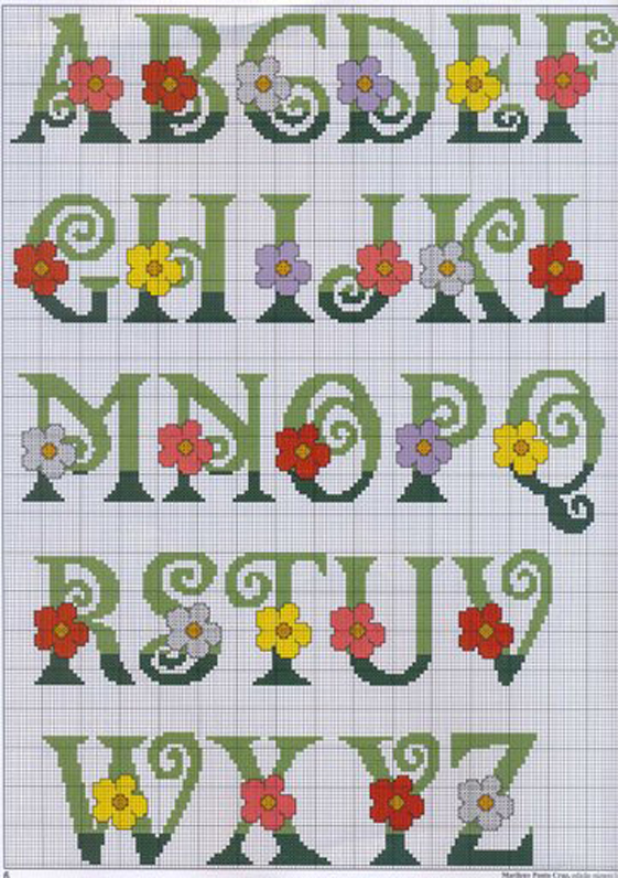 alfabeto punto croce lettere verdi con fiori carini