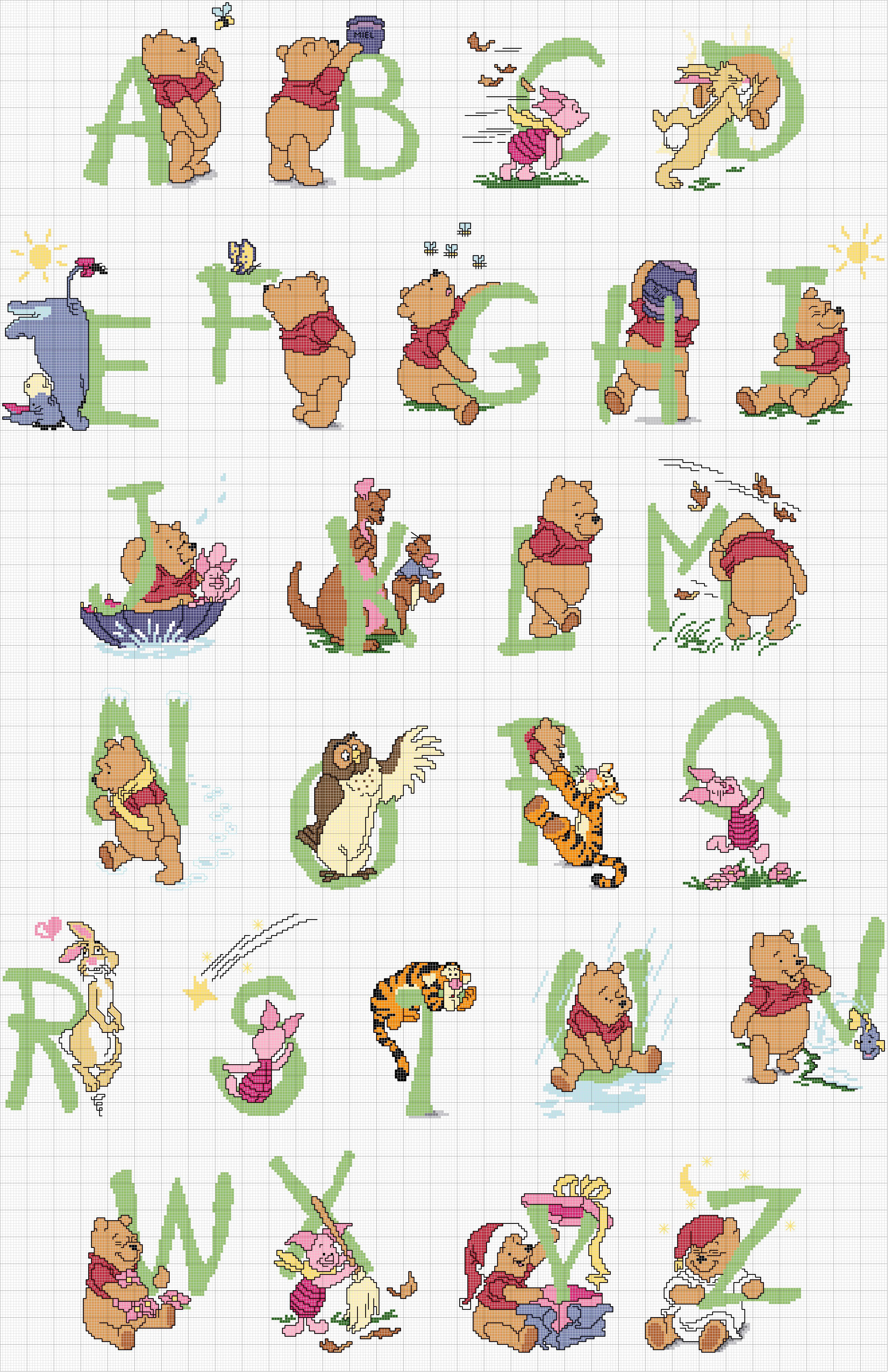 alfabeto punto croce lettere verdi winnie the pooh