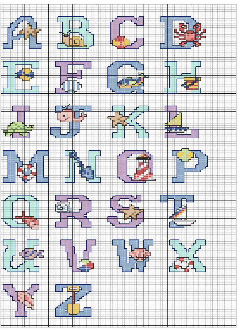 alfabeto punto croce mare con conciglie secchiello pallone