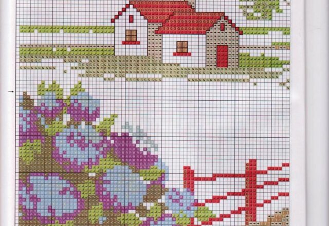 cuscino punto croce casa con ortensie (2)