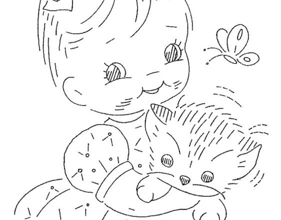 disegno da ricamare bambina con gattino