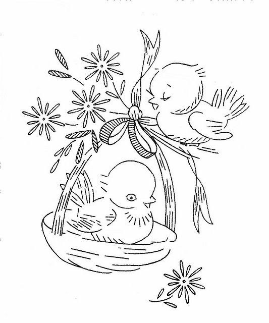 disegno da ricamare uccellini nella cesta