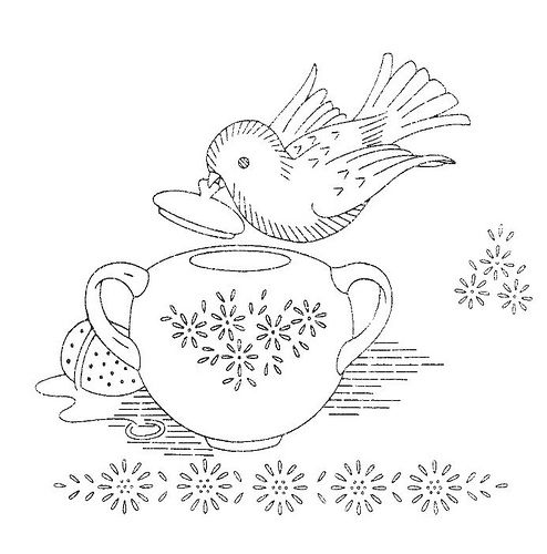 disegno da ricamare uccellino con teiera
