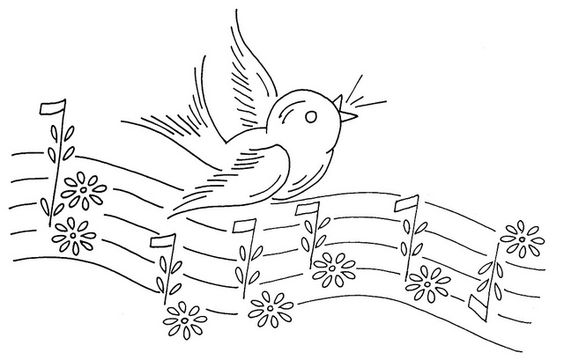 disegno da ricamare uccellino su note musicali