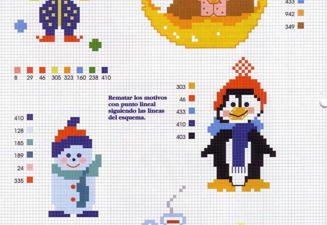 piccoli schemi punto croce pagliaccio cagnolino su luna pinguino