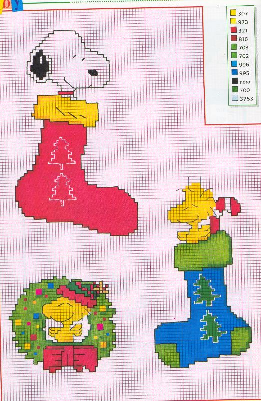 punto croce calze befana snoopy woodstock