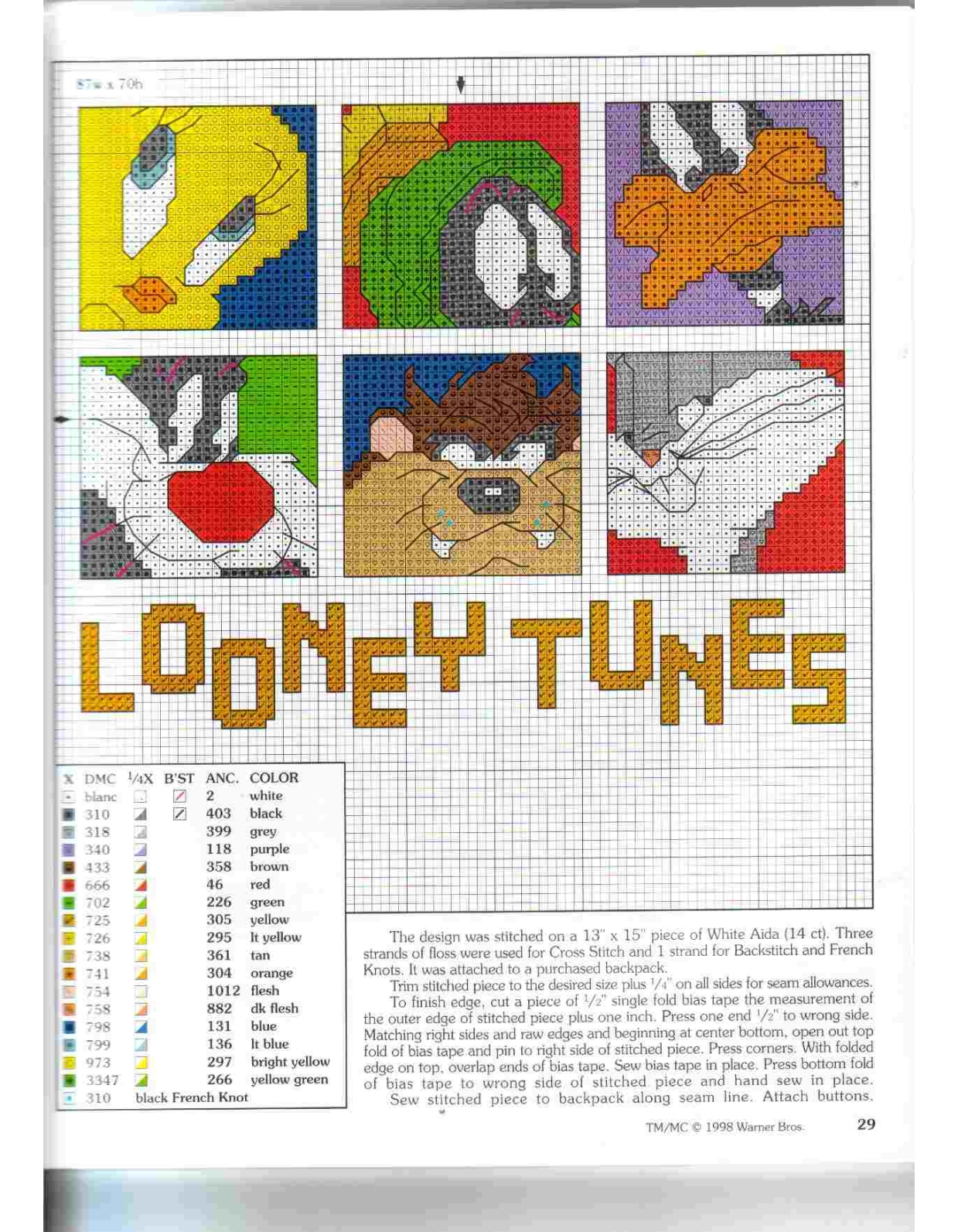 scritta Looney Tunes con volti dei personaggi a punto croce