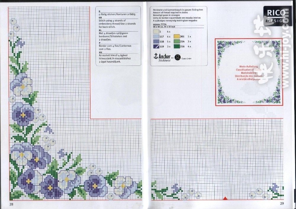 tovaglietta punto croce con fiori pansè blu