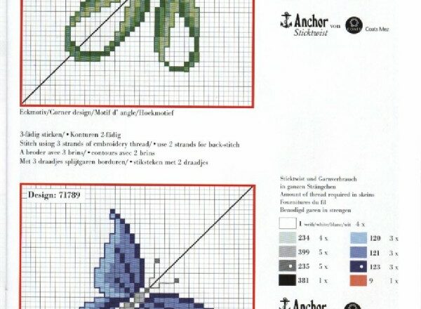 un fiocco verde ed una farfalla blu schemi punto croce piccoli