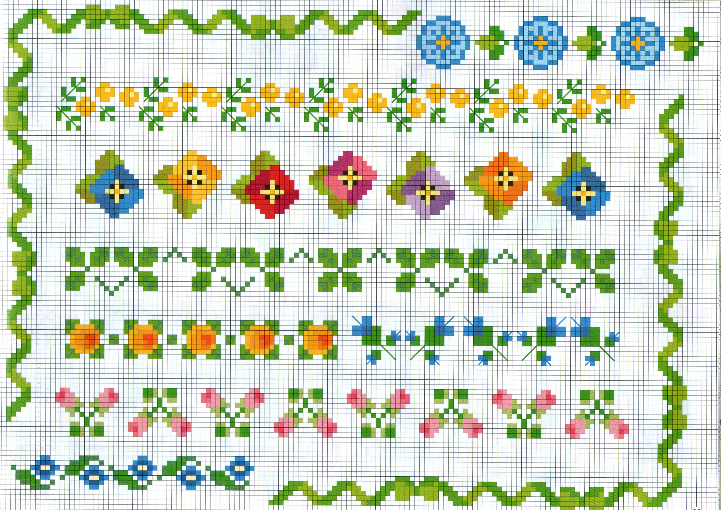 vari bordi punto croce con piccoli motivi fiorellini colorati